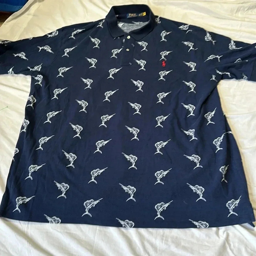 Polo Ralph Lauren Short Sleeve Shirt Navy Blue Classic Fit Marlin Sailfish 4XLT - Picture 2 of 7